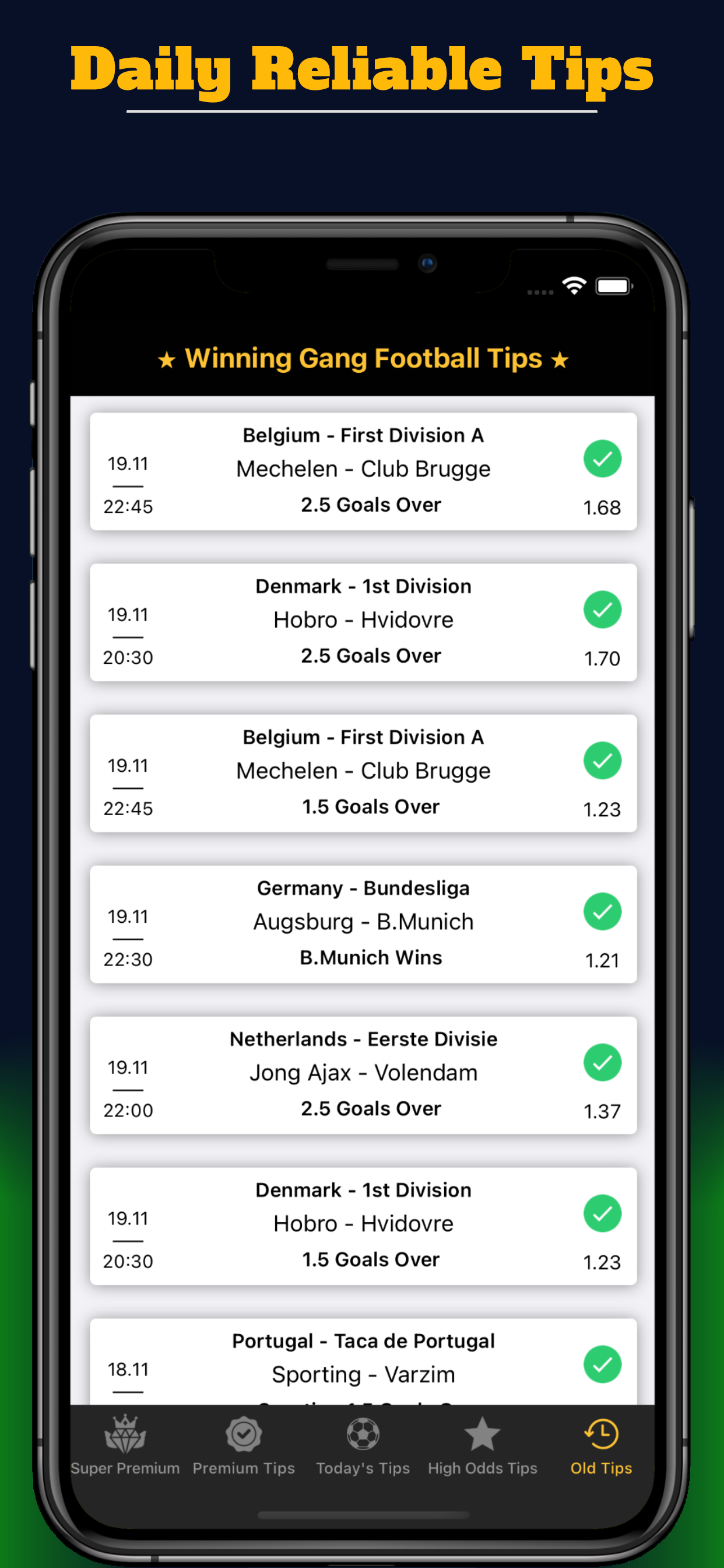 Daily reliable football betting tips with odds and winning results in the Winning Gang app